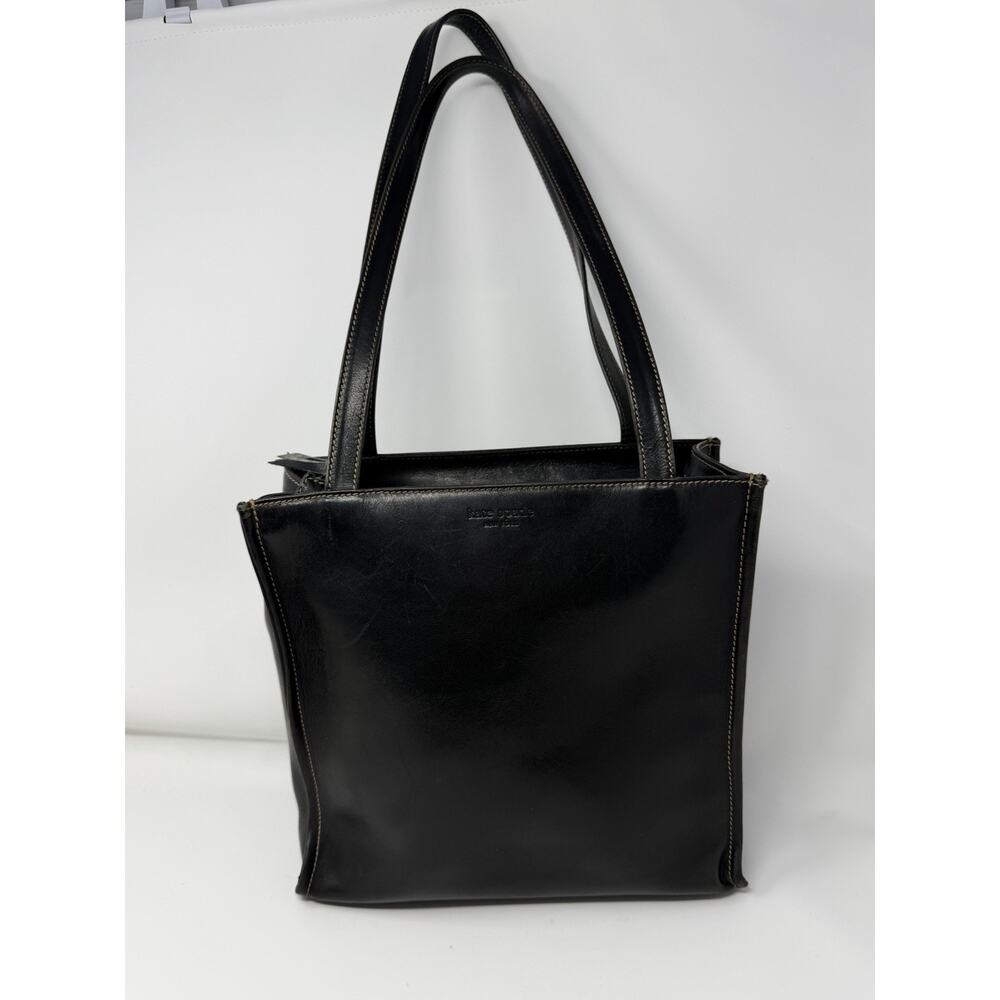 Vintage Y2K Kate Spade Leather Box Tote Sam Purse Shoulder Bag Black Medium